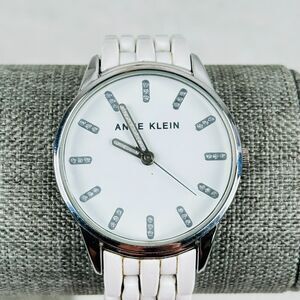 Anne Klein Watch Womens 36mm Bling Hour Markers Hands White Band New Battery
